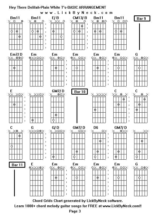 Chord Grids Chart of chord melody fingerstyle guitar song-Hey There Delilah-Plain White T's-BASIC ARRANGEMENT,generated by LickByNeck software.